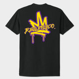 Black t-shirt with yellow and purple graphic design