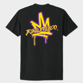 Black t-shirt with yellow and purple graphic design