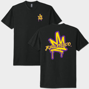 Black t-shirt with yellow and purple graphics