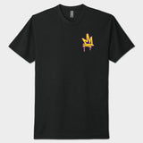 Black t-shirt with a colorful logo on the chest