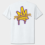 White t-shirt with a colorful logo on the back