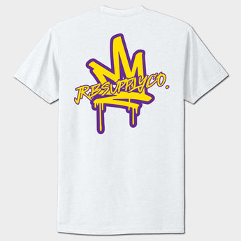 White t-shirt with a colorful logo on the back