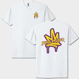 White t-shirt with a colorful logo on the front and back