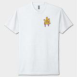 White t-shirt with a yellow and purple logo