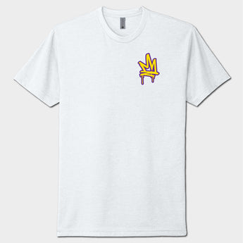 White t-shirt with a yellow and purple logo