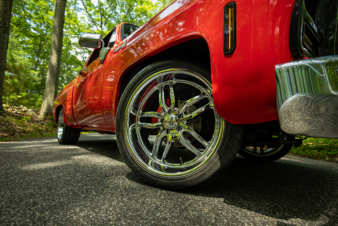 Red C10 rear wheel close-up