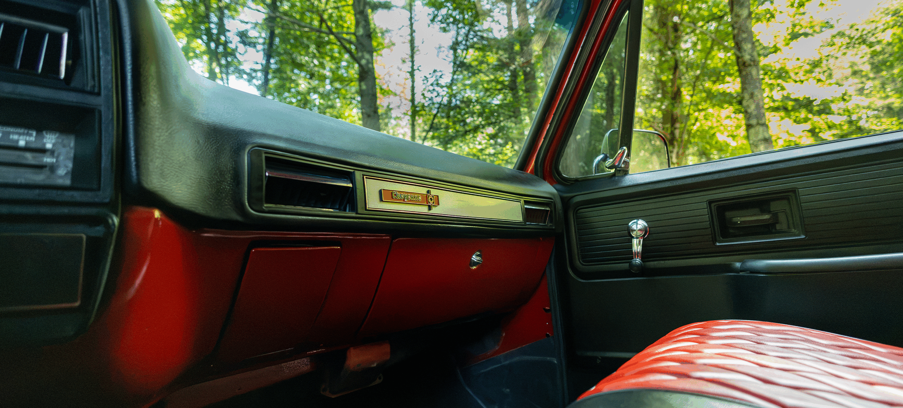 Red C10 dashboard and passenger seat