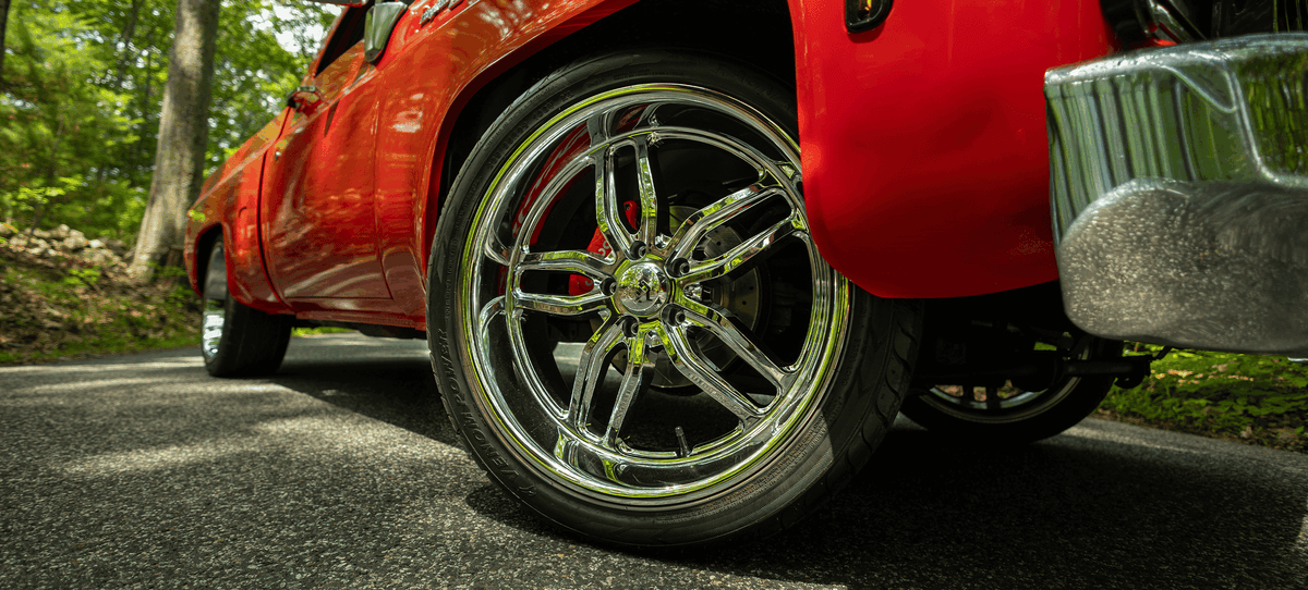 Red C10 rear wheel close-up
