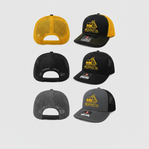 three color variants of JRB7 caps with yellow dump truck graphic and JRB Supply Co text on a white background